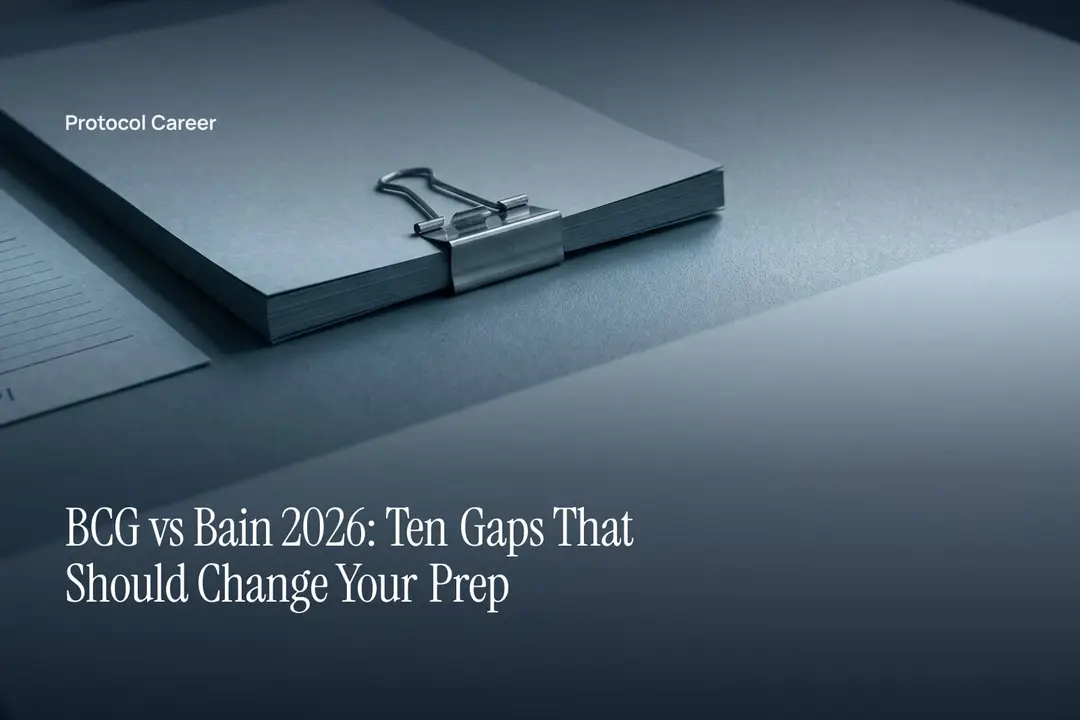 A thick clipped paper folio and a single scored sheet lie on a grey tabletop in soft light. Title: “BCG vs Bain 2026: Ten Gaps That Should Change Your Prep”, over the Protocol Career wordmark.