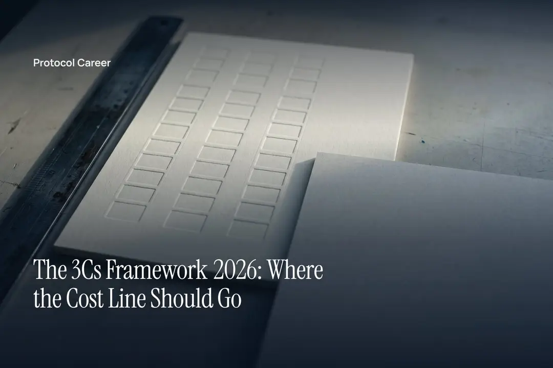 A thick paper card with three debossed blank columns and a dark ruler on a plain surface. Title: “The 3Cs Framework 2026: Where the Cost Line Should Go”, over the Protocol Career wordmark.