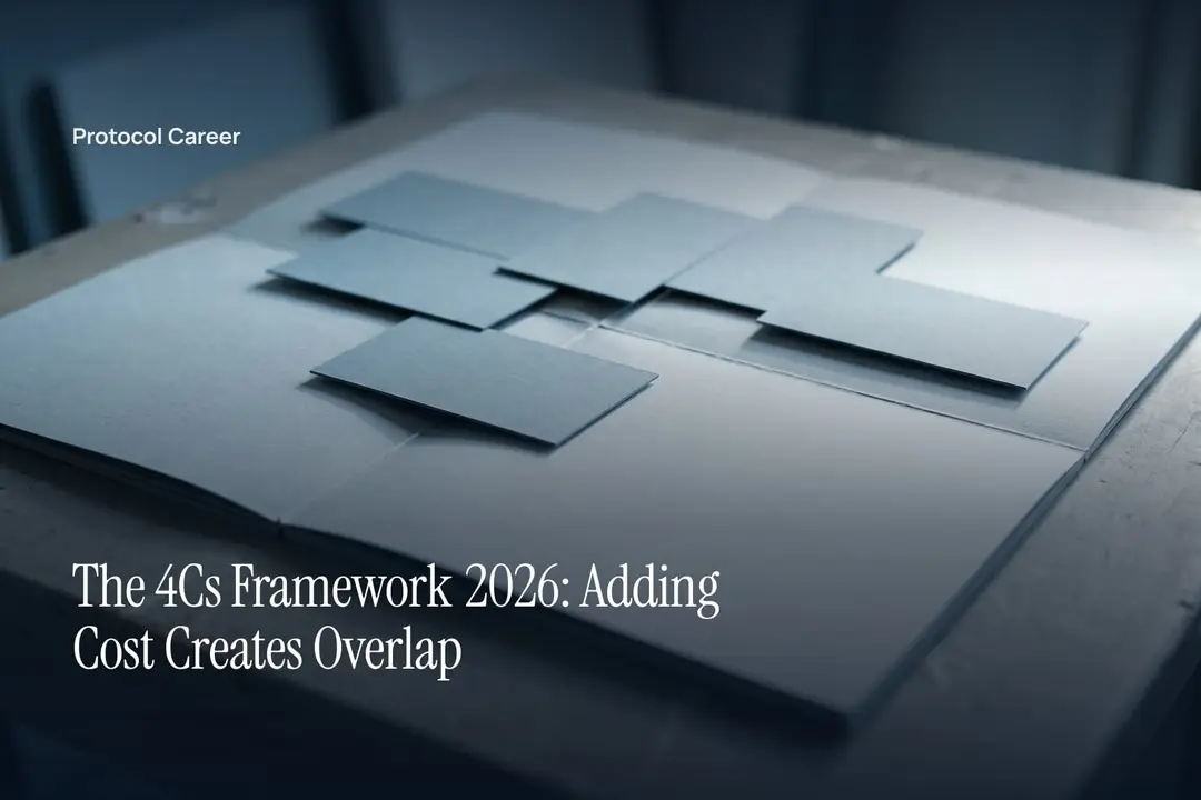 Blank card tiles straddle dividing lines on an unprinted paper grid in soft directional light. Title: “The 4Cs Framework 2026: Adding Cost Creates Overlap”, over the Protocol Career wordmark.