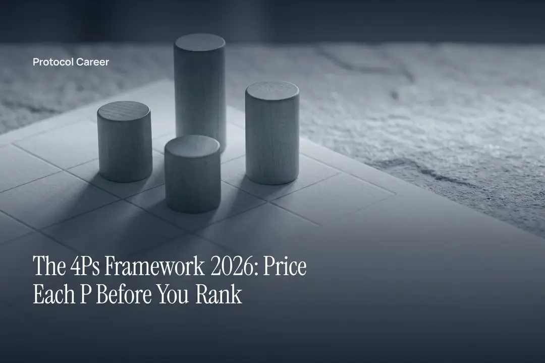 Four wooden cylinders of different heights standing on a blind-debossed grid sheet with empty copy space. Title: “The 4Ps Framework 2026: Price Each P Before You Rank”, over the Protocol Career wordmark.