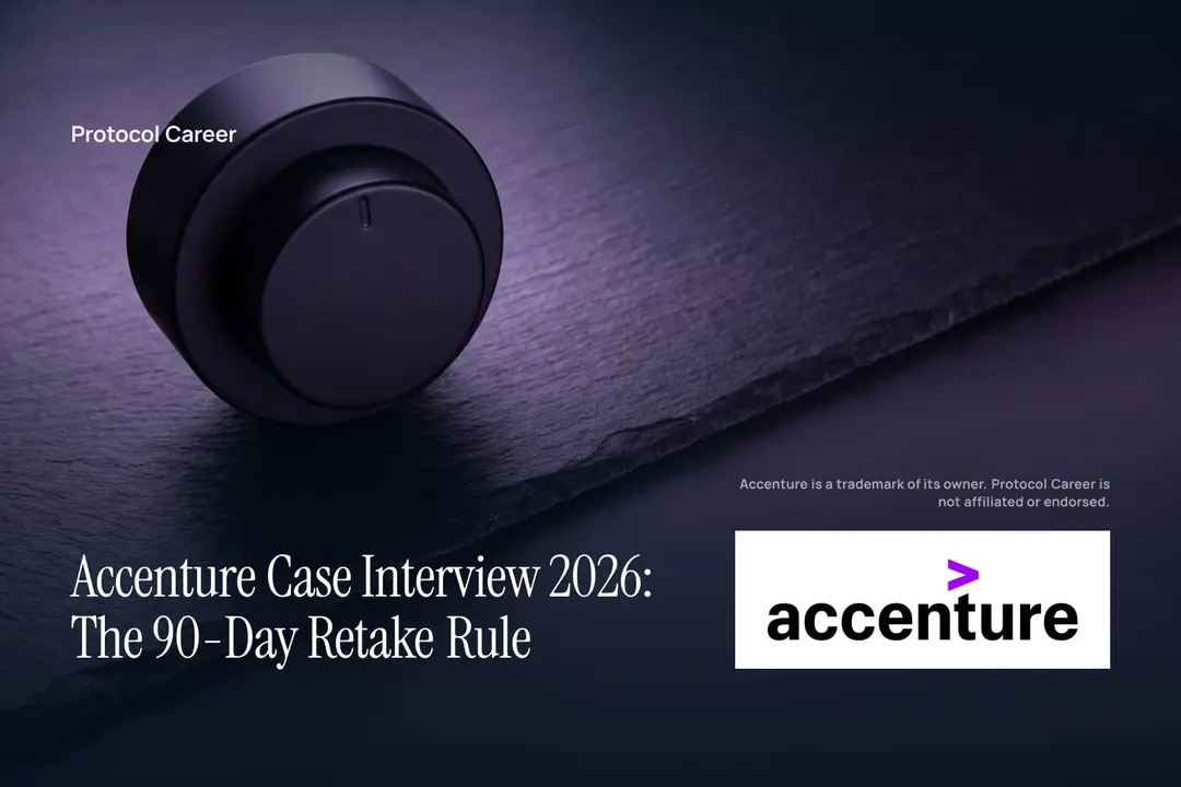 A minimalist black mechanical timer with a blank face lit by faint violet light on dark slate. Title: “Accenture Case Interview 2026: The 90-Day Retake Rule”, over the Protocol Career wordmark. Accenture logo, lower right.