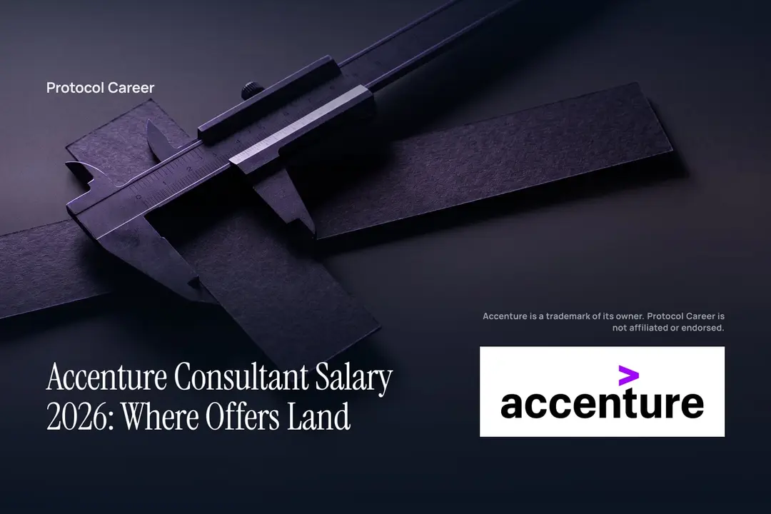 A mechanical sliding gauge rests on three staggered paper strips over a dark, violet-lit surface. Title: “Accenture Consultant Salary 2026: Where Offers Land”, over the Protocol Career wordmark. Accenture logo, lower right.