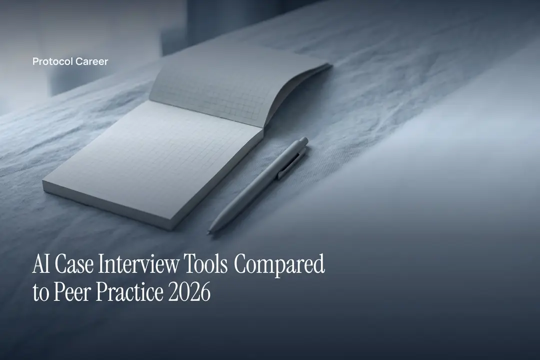 An open notepad with blank grid lines resting beside a pen on an empty matte tabletop. Title: “AI Case Interview Tools Compared to Peer Practice 2026”, over the Protocol Career wordmark.