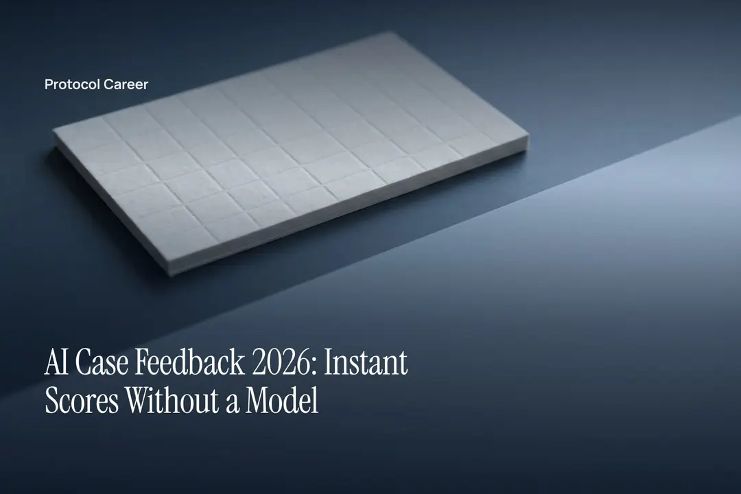 An unprinted debossed grid card resting on a smooth grey surface under soft directional light. Title: “AI Case Feedback 2026: Instant Scores Without a Model”, over the Protocol Career wordmark.