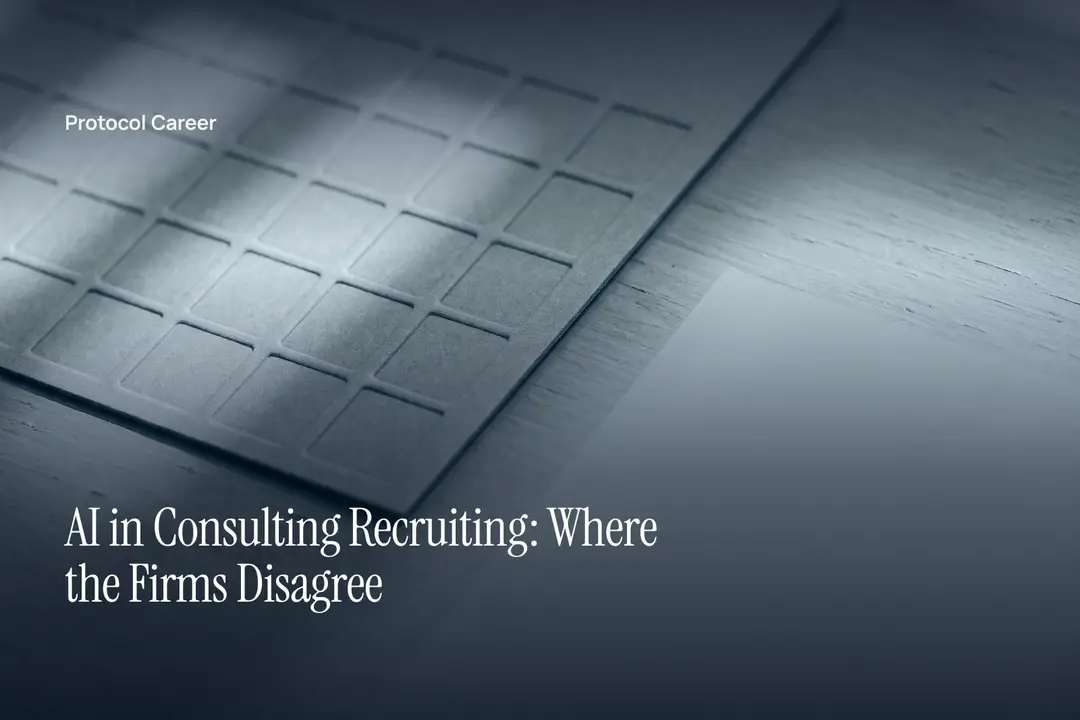 A blank paper grid with debossed square cells sits on a slate tabletop under soft light. Title: “AI in Consulting Recruiting: Where the Firms Disagree”, over the Protocol Career wordmark.