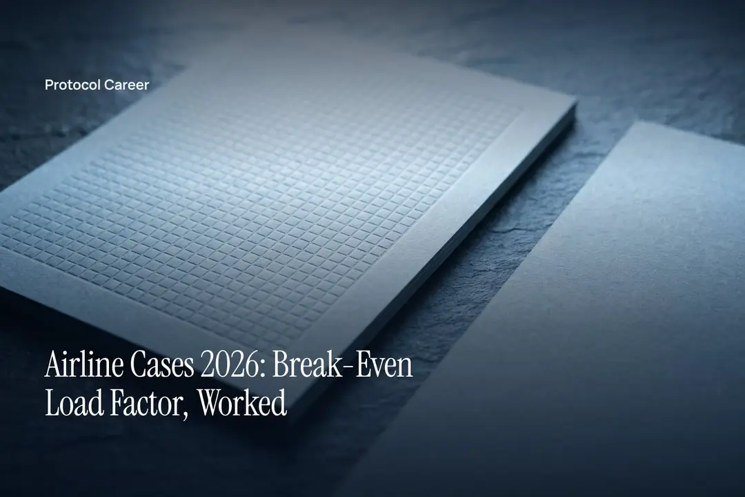 A textured paper card with an unlabelled debossed square grid rests on a smooth slate surface in soft light. Title: “Airline Cases 2026: Break-Even Load Factor, Worked”, over the Protocol Career wordmark.
