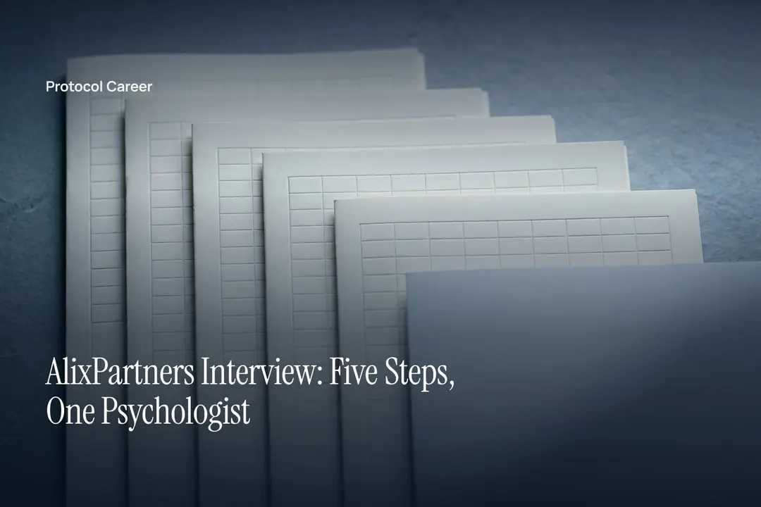 Five cream-colored paper dossiers with debossed grids arranged on a grey surface in soft light. Title: “AlixPartners Interview: Five Steps, One Psychologist”, over the Protocol Career wordmark.
