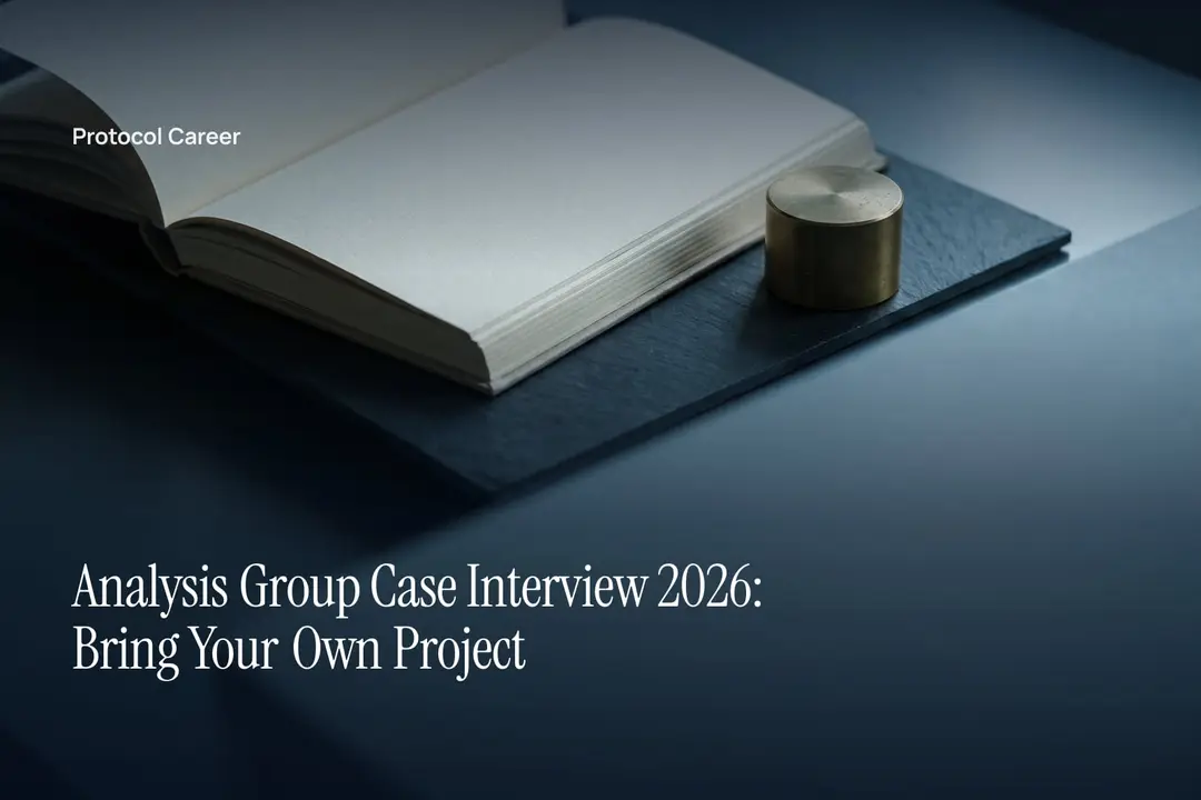 An open manuscript of blank cream paper and a brass weight resting on a slate surface. Title: “Analysis Group Case Interview 2026: Bring Your Own Project”, over the Protocol Career wordmark.