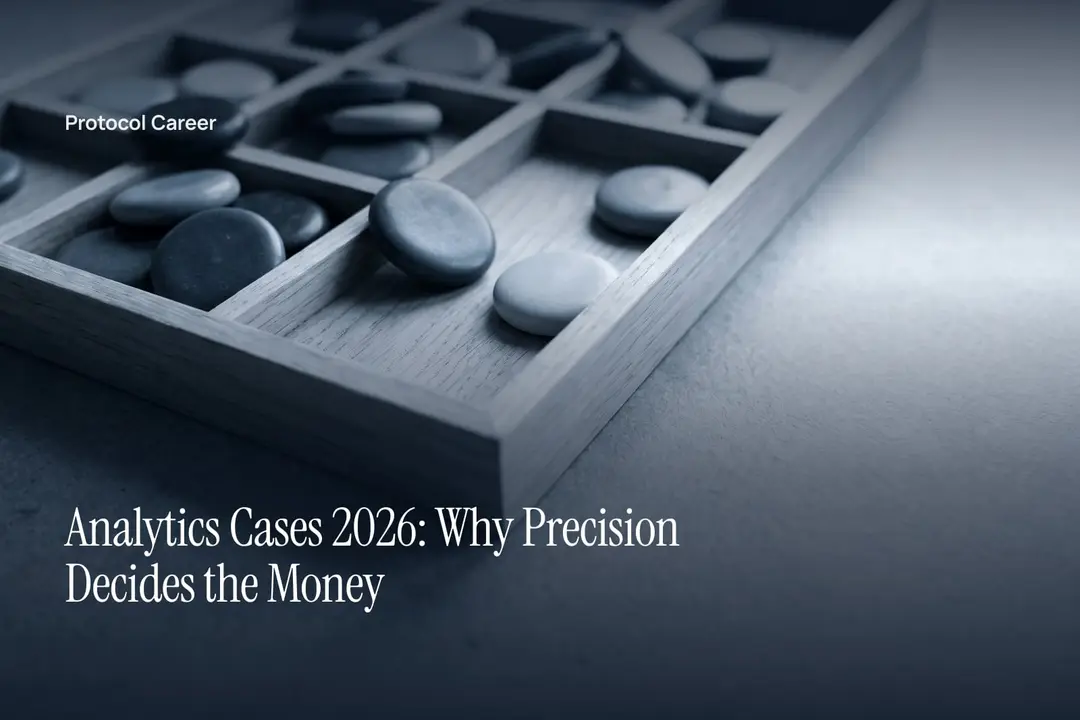 A wooden compartment tray with two-toned ceramic tokens on a stone surface with empty space on the right. Title: “Analytics Cases 2026: Why Precision Decides the Money”, over the Protocol Career wordmark.