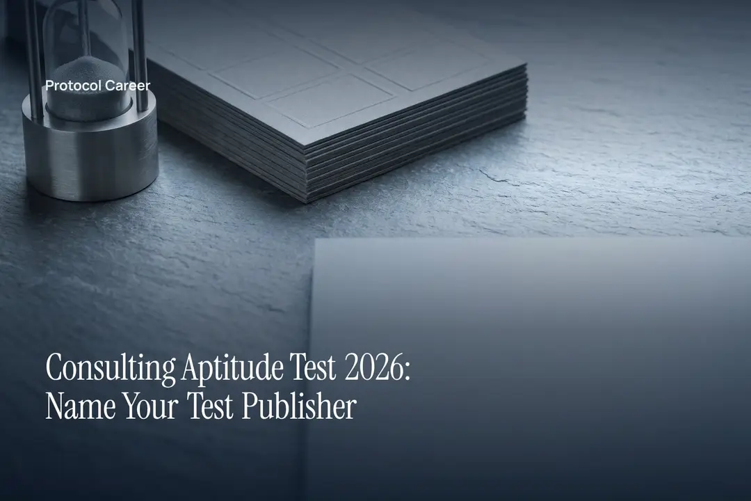 A matte steel sand timer beside a stack of blank embossed grid sheets on a grey slate desk. Title: “Consulting Aptitude Test 2026: Name Your Test Publisher”, over the Protocol Career wordmark.