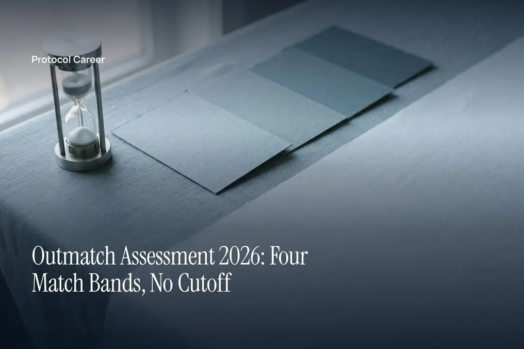 Four blank neutral card swatches in stepped tones sit beside a metal hourglass on a plain surface. Title: “Outmatch Assessment 2026: Four Match Bands, No Cutoff”, over the Protocol Career wordmark.