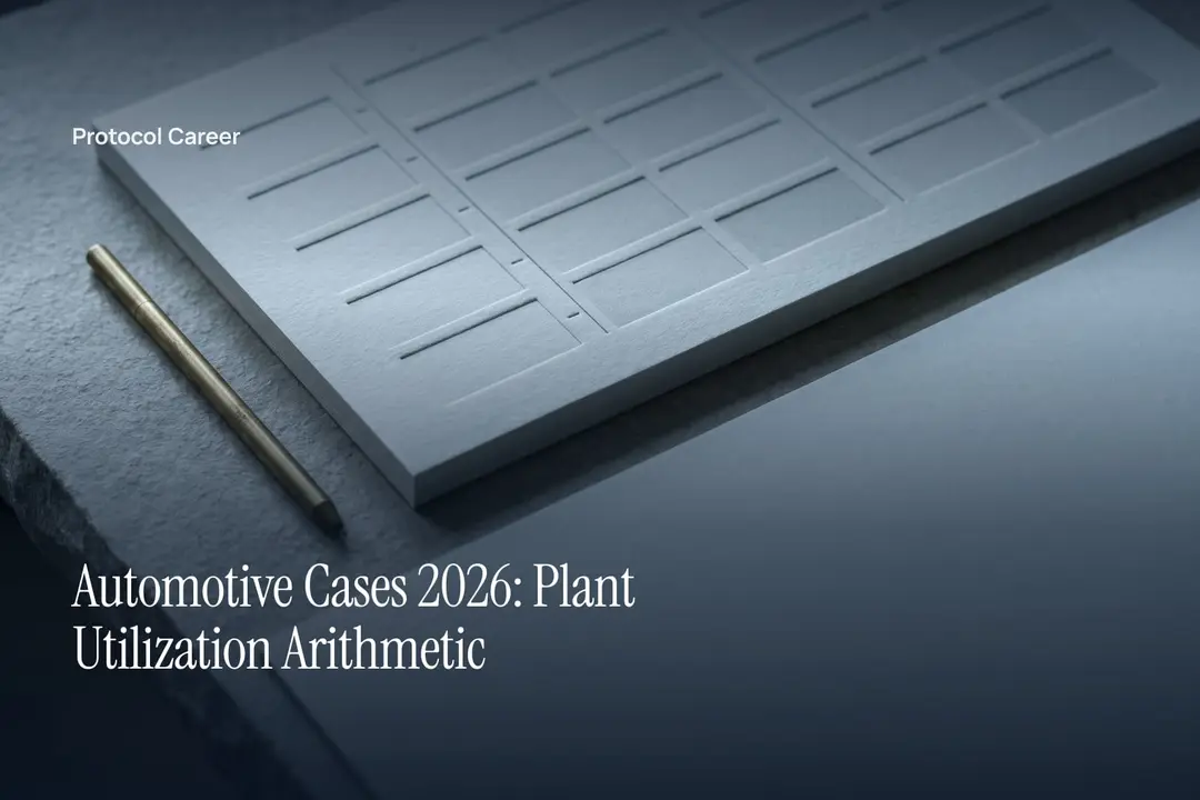 A debossed grid sheet and brass stylus lie on a neutral stone surface in gentle directional light. Title: “Automotive Cases 2026: Plant Utilization Arithmetic”, over the Protocol Career wordmark.