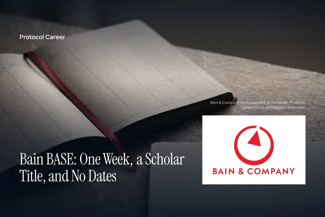 A blank seven-column graphite planner on a dark slate surface, marked with a single red ribbon. Title: “Bain BASE: One Week, a Scholar Title, and No Dates”, over the Protocol Career wordmark. Bain & Company logo, lower right.
