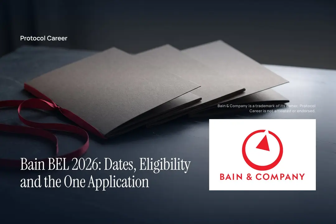 Three blank dark grey paper folios tied with a single red ribbon on a smooth slate surface. Title: “Bain BEL 2026: Dates, Eligibility and the One Application”, over the Protocol Career wordmark. Bain & Company logo, lower right.