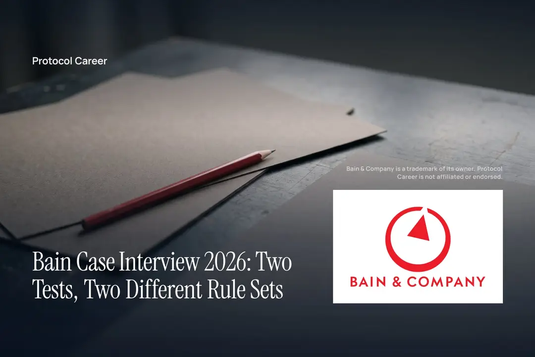 Two blank matte paper sheets and a slim red pencil resting on a graphite tabletop. Title: “Bain Case Interview 2026: Two Tests, Two Different Rule Sets”, over the Protocol Career wordmark. Bain & Company logo, lower right.