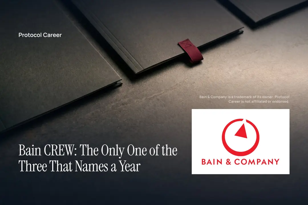 Three slate-grey folders rest on a dark surface, one distinguished by a single red ribbon tab. Title: “Bain CREW: The Only One of the Three That Names a Year”, over the Protocol Career wordmark. Bain & Company logo, lower right.
