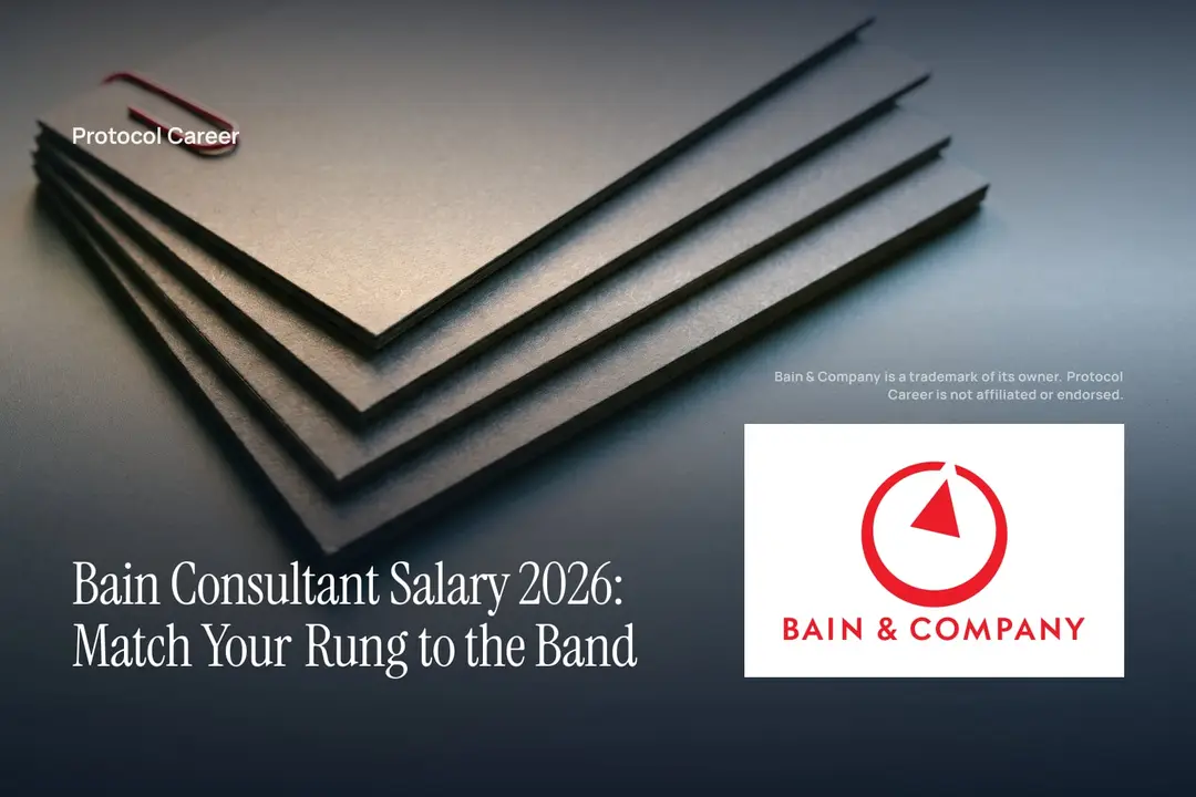 Six blank graphite filing cards stepped in ascending order on a slate surface with a red tab. Title: “Bain Consultant Salary 2026: Match Your Rung to the Band”, over the Protocol Career wordmark. Bain & Company logo, lower right.