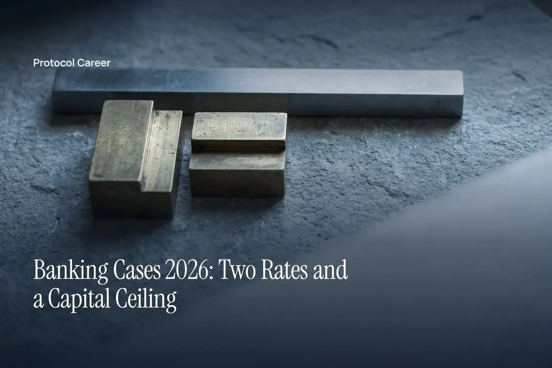 Two stepped brass blocks resting beneath a horizontal metal bar on a neutral grey surface. Title: “Banking Cases 2026: Two Rates and a Capital Ceiling”, over the Protocol Career wordmark.