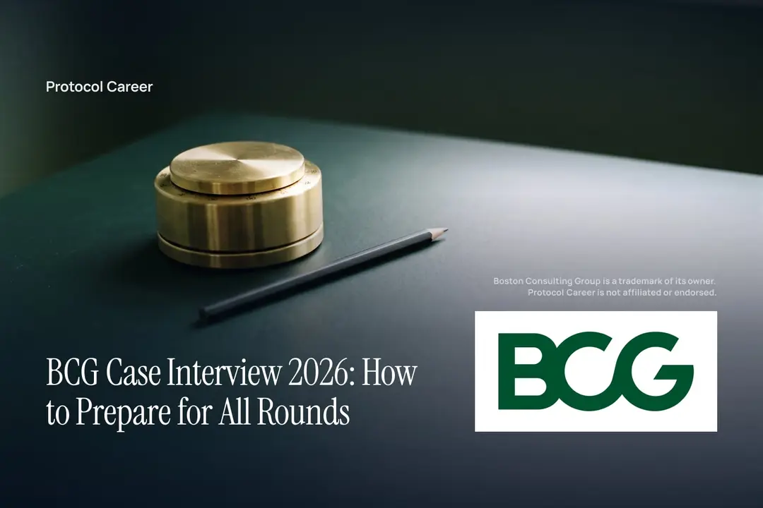A minimal brass mechanical timer and graphite pencil resting on a dark forest green slate surface. Title: “BCG Case Interview 2026: How to Prepare for All Rounds”, over the Protocol Career wordmark. Boston Consulting Group logo, lower right.