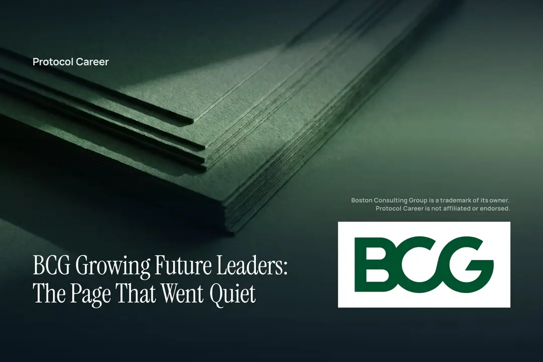 A minimalist stack of shrinking blank paper sheets on a deep forest-green surface bathed in soft light. Title: “BCG Growing Future Leaders: The Page That Went Quiet”, over the Protocol Career wordmark. Boston Consulting Group logo, lower right.