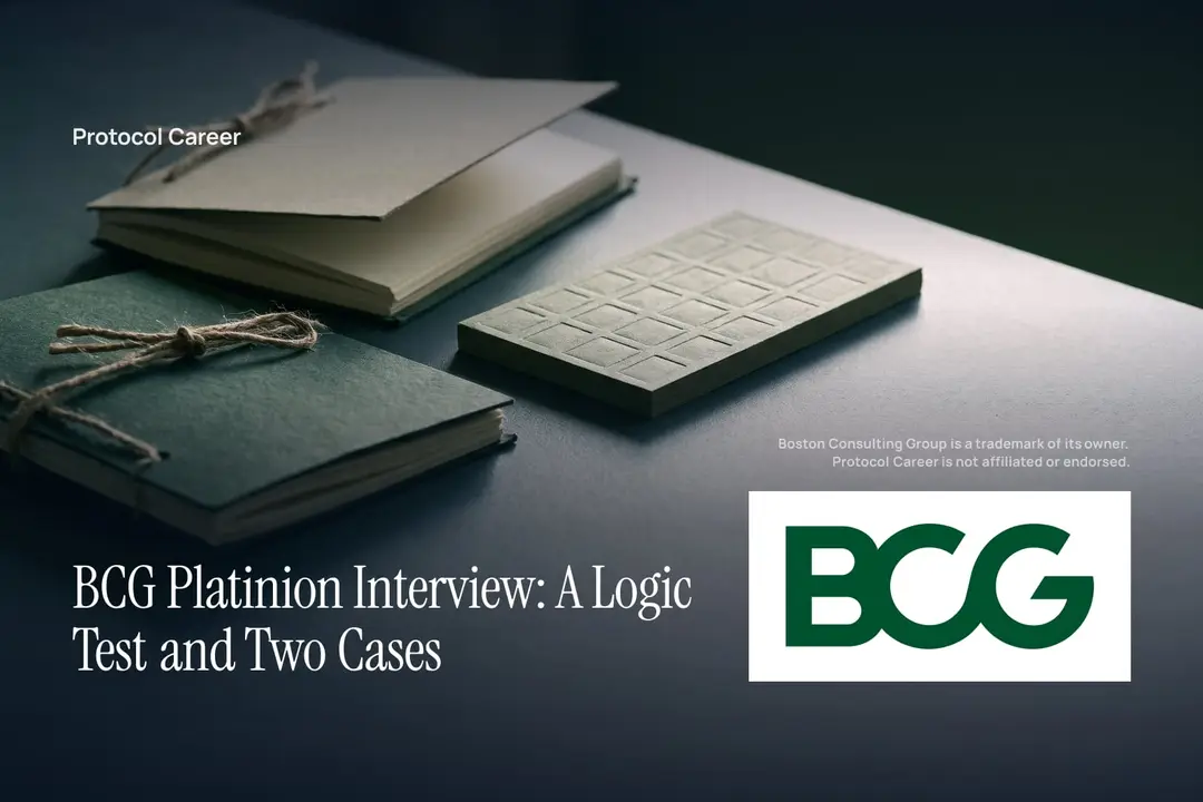 Two textured paper folders lie beside an embossed grid card on a deep green, minimalist surface. Title: “BCG Platinion Interview: A Logic Test and Two Cases”, over the Protocol Career wordmark. Boston Consulting Group logo, lower right.