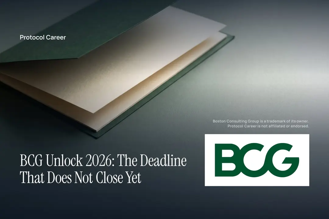 A partially open forest-green dossier folder with blank ecru paper inserts resting on a plain green surface. Title: “BCG Unlock 2026: The Deadline That Does Not Close Yet”, over the Protocol Career wordmark. Boston Consulting Group logo, lower right.