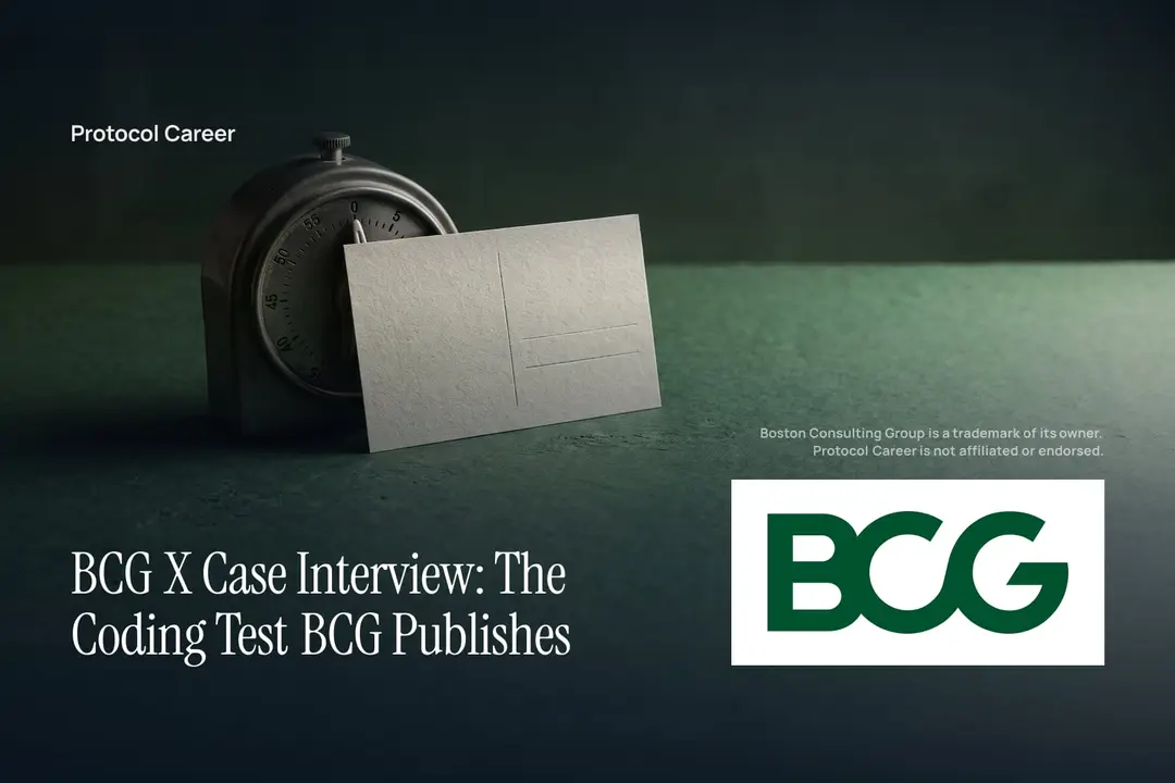 A dark mechanical timer and blank grid card resting on a deep green matte surface in soft light. Title: “BCG X Case Interview: The Coding Test BCG Publishes”, over the Protocol Career wordmark. Boston Consulting Group logo, lower right.
