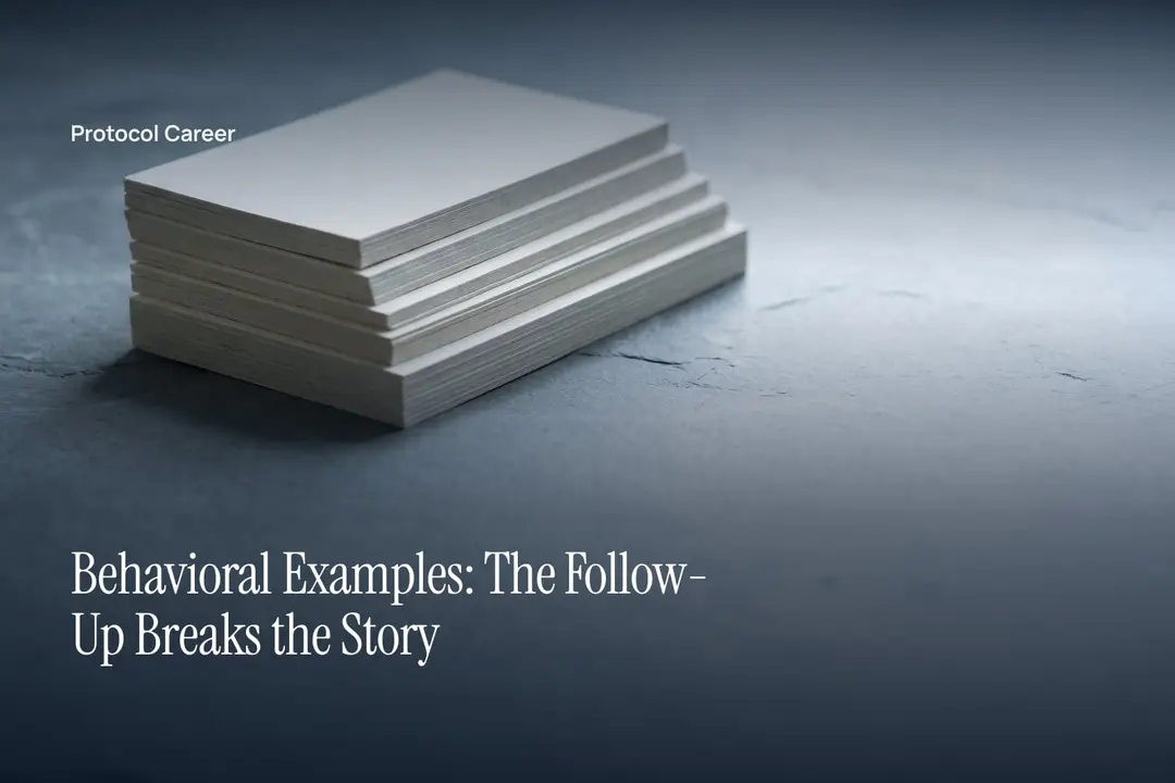 A neat, stepped stack of blank white cards resting on a plain slate surface in soft light. Title: “Behavioral Examples: The Follow-Up Breaks the Story”, over the Protocol Career wordmark.