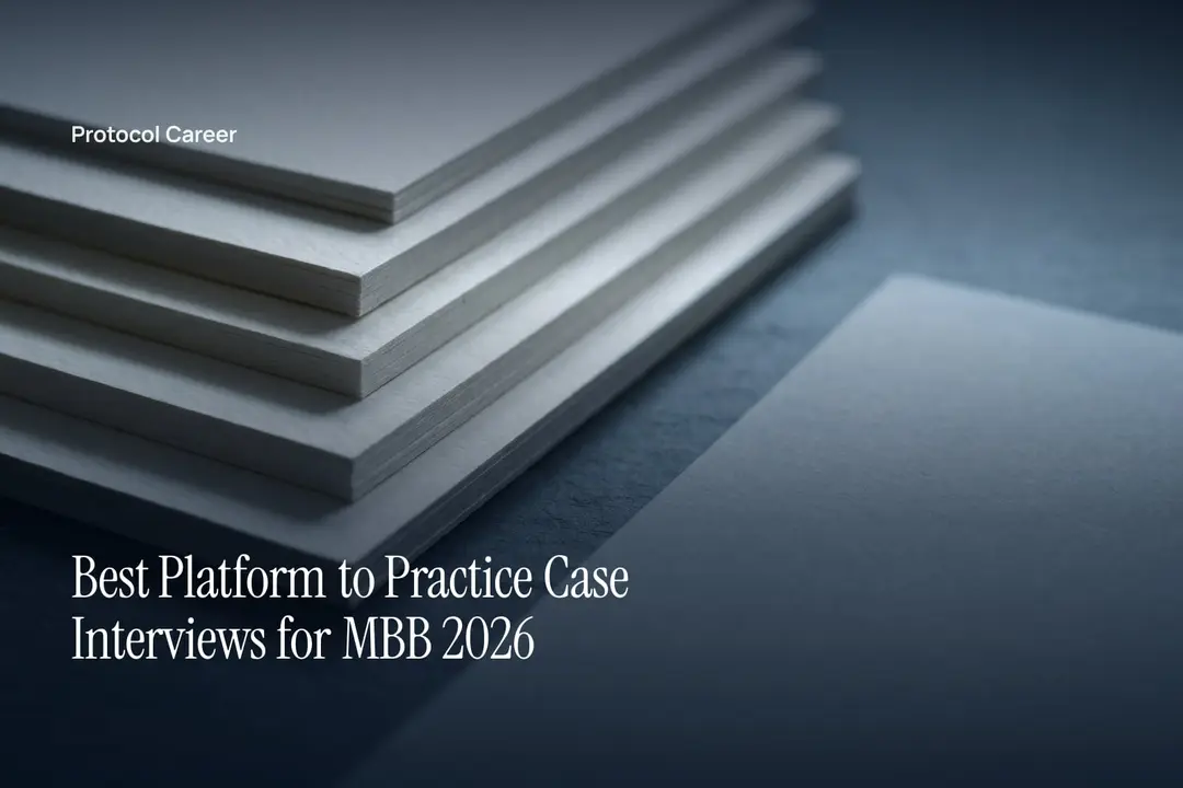 Five layered off-white paper sheets arranged in steps on a slate surface under soft directional light. Title: “Best Platform to Practice Case Interviews for MBB 2026”, over the Protocol Career wordmark.
