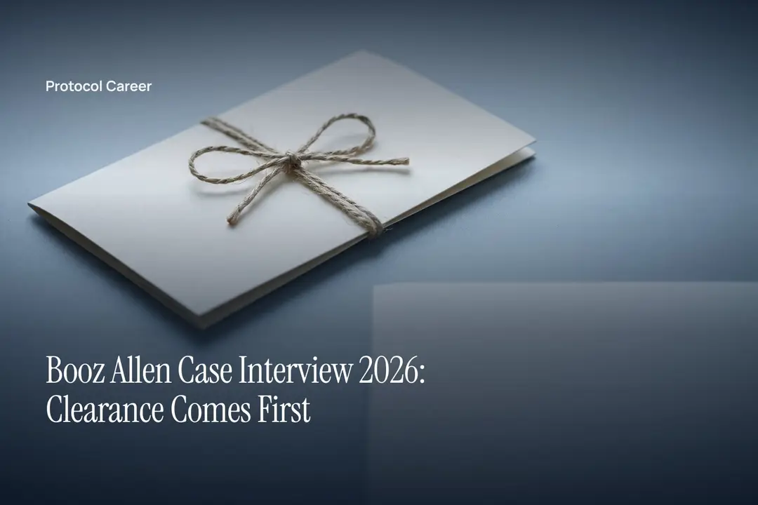 A minimalist cream dossier folder tied with string resting on a smooth grey surface under soft light. Title: “Booz Allen Case Interview 2026: Clearance Comes First”, over the Protocol Career wordmark.