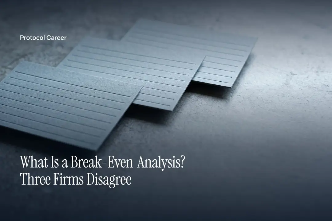 Three blank ledger cards with horizontal debossed lines rest on a stone surface under soft side lighting. Title: “What Is a Break-Even Analysis? Three Firms Disagree”, over the Protocol Career wordmark.