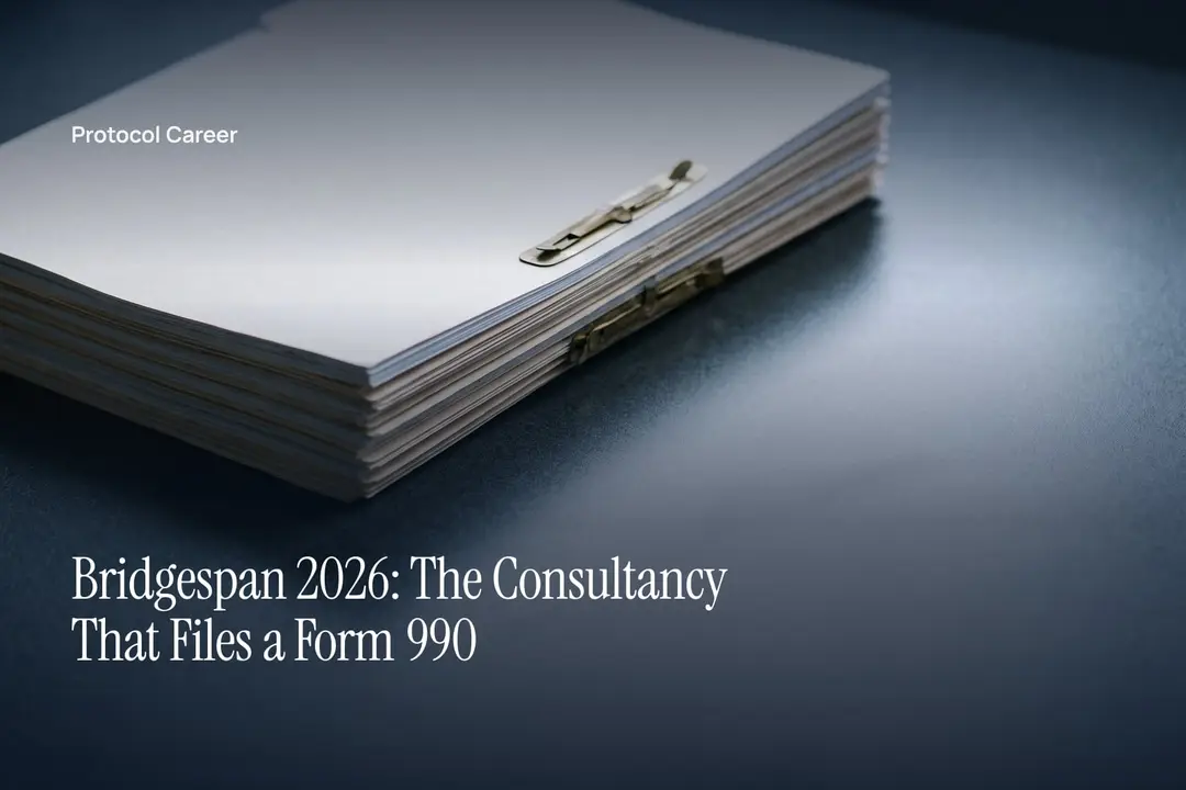 A thick stack of blank bureaucratic papers bound with a brass fastener on a dark grey surface. Title: “Bridgespan 2026: The Consultancy That Files a Form 990”, over the Protocol Career wordmark.
