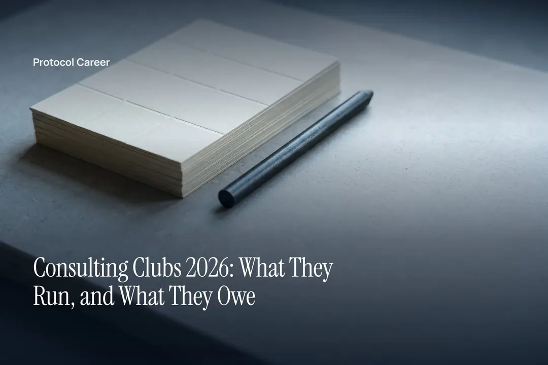 A stack of cream assessment cards with a debossed grid rests on a smooth stone surface. Title: “Consulting Clubs 2026: What They Run, and What They Owe”, over the Protocol Career wordmark.