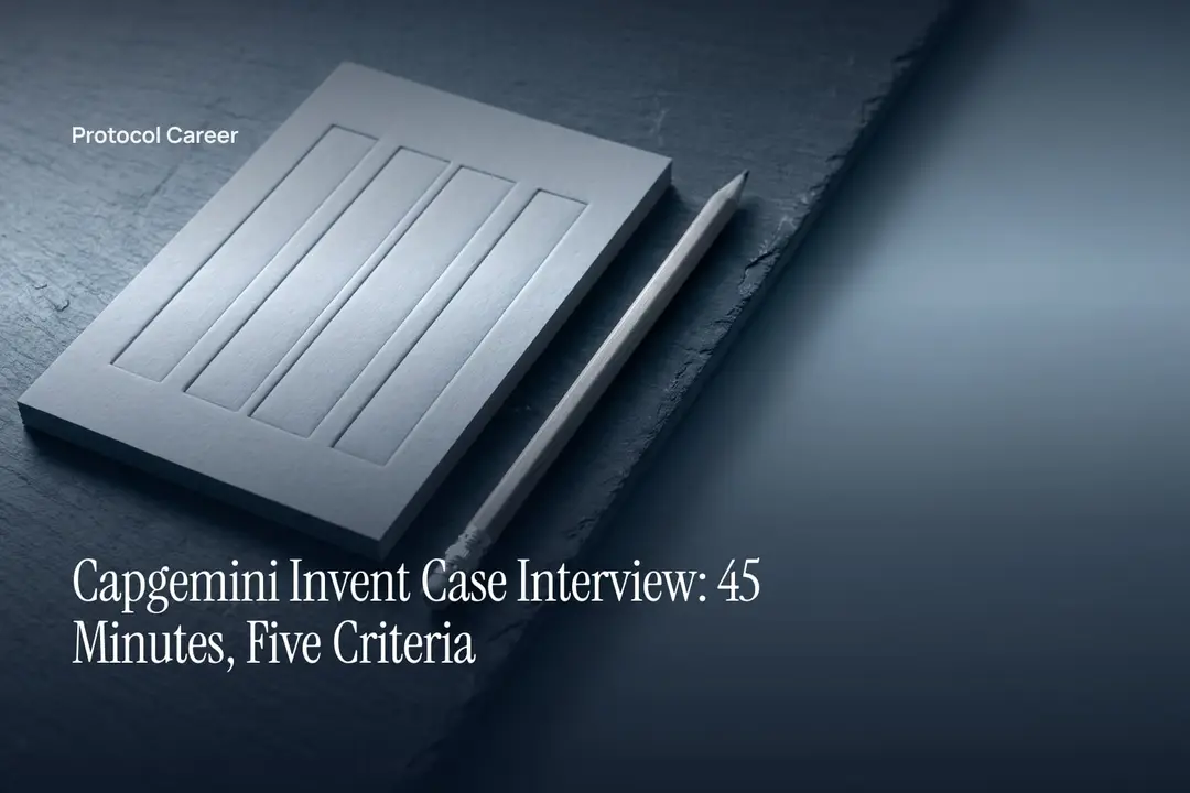 A debossed five-column paper card and graphite tool on a slate surface under soft directional light. Title: “Capgemini Invent Case Interview: 45 Minutes, Five Criteria”, over the Protocol Career wordmark.