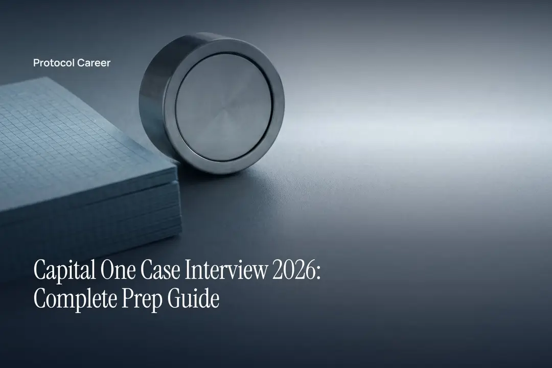 A minimal steel desk timer sits beside a stack of blank gridded paper on slate. Title: “Capital One Case Interview 2026: Complete Prep Guide”, over the Protocol Career wordmark.