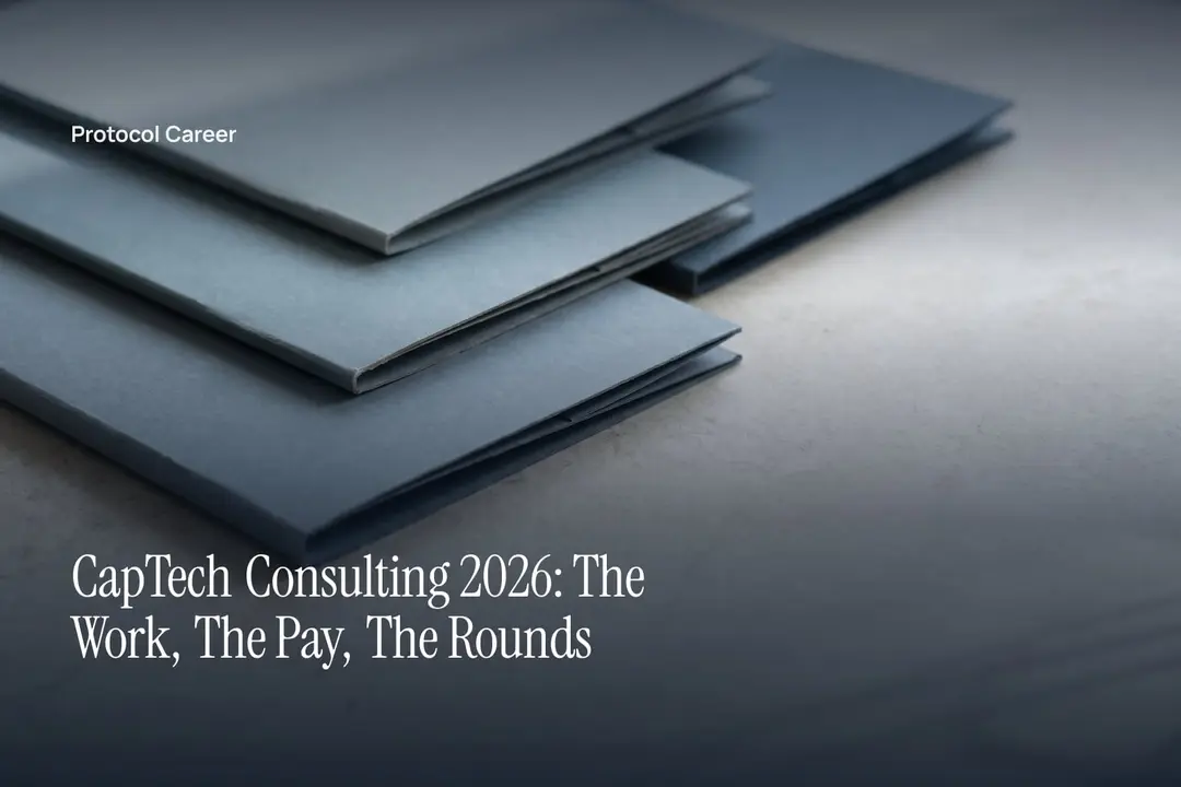 Four blank, stepped gray cardstock folders resting on a pale stone surface under soft directional light. Title: “CapTech Consulting 2026: The Work, The Pay, The Rounds”, over the Protocol Career wordmark.