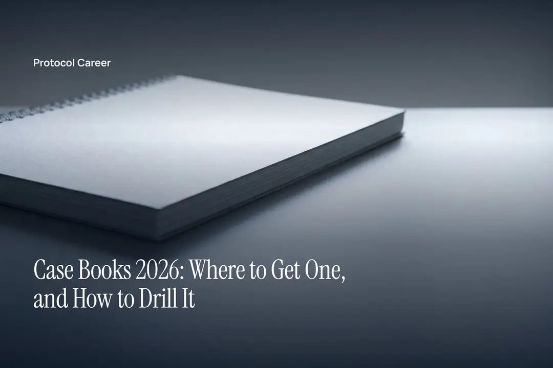 A thick comb-bound blank booklet resting on a plain grey tabletop under soft natural light. Title: “Case Books 2026: Where to Get One, and How to Drill It”, over the Protocol Career wordmark.
