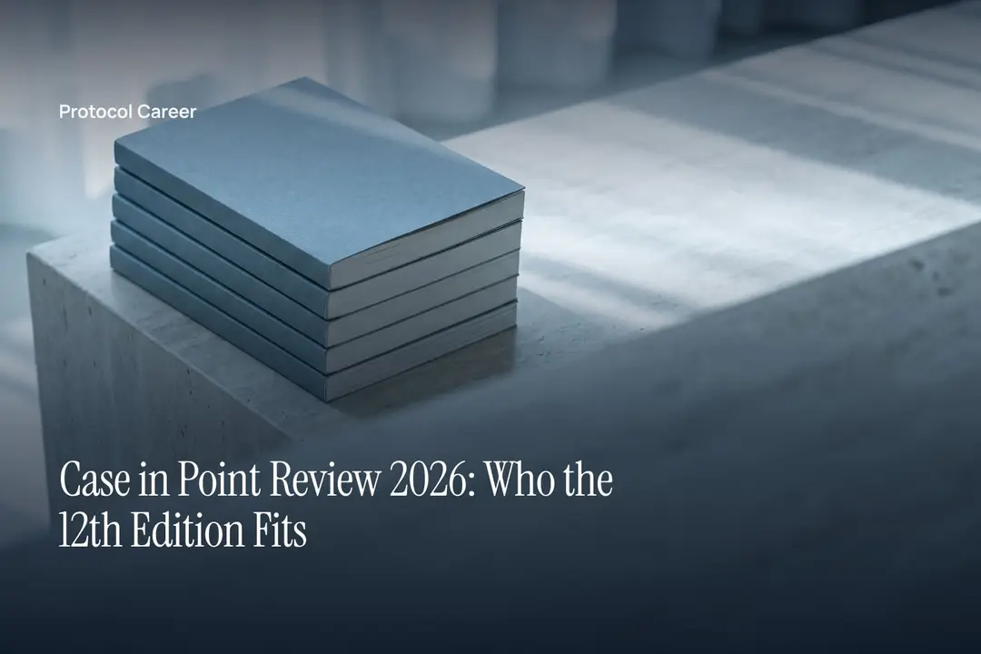 A stack of blank, unadorned paperback books resting on a smooth, pale stone ledge. Title: “Case in Point Review 2026: Who the 12th Edition Fits”, over the Protocol Career wordmark.
