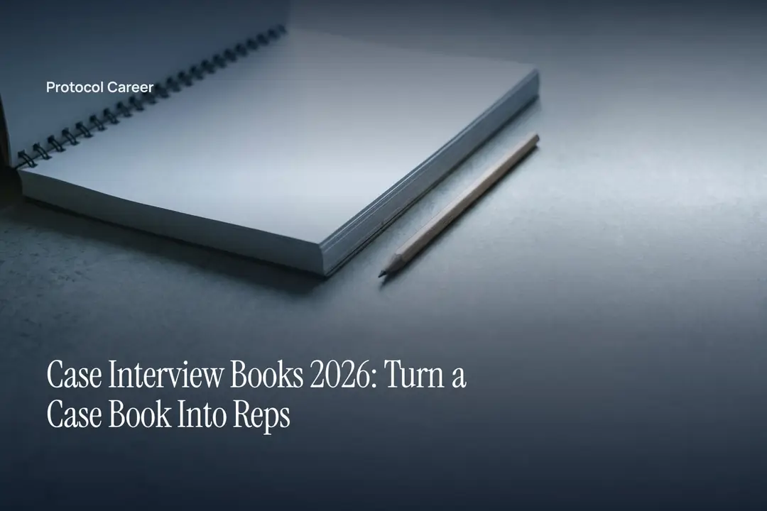 An open blank spiral-bound booklet and a single pencil rest on a smooth, empty stone desk. Title: “Case Interview Books 2026: Turn a Case Book Into Reps”, over the Protocol Career wordmark.