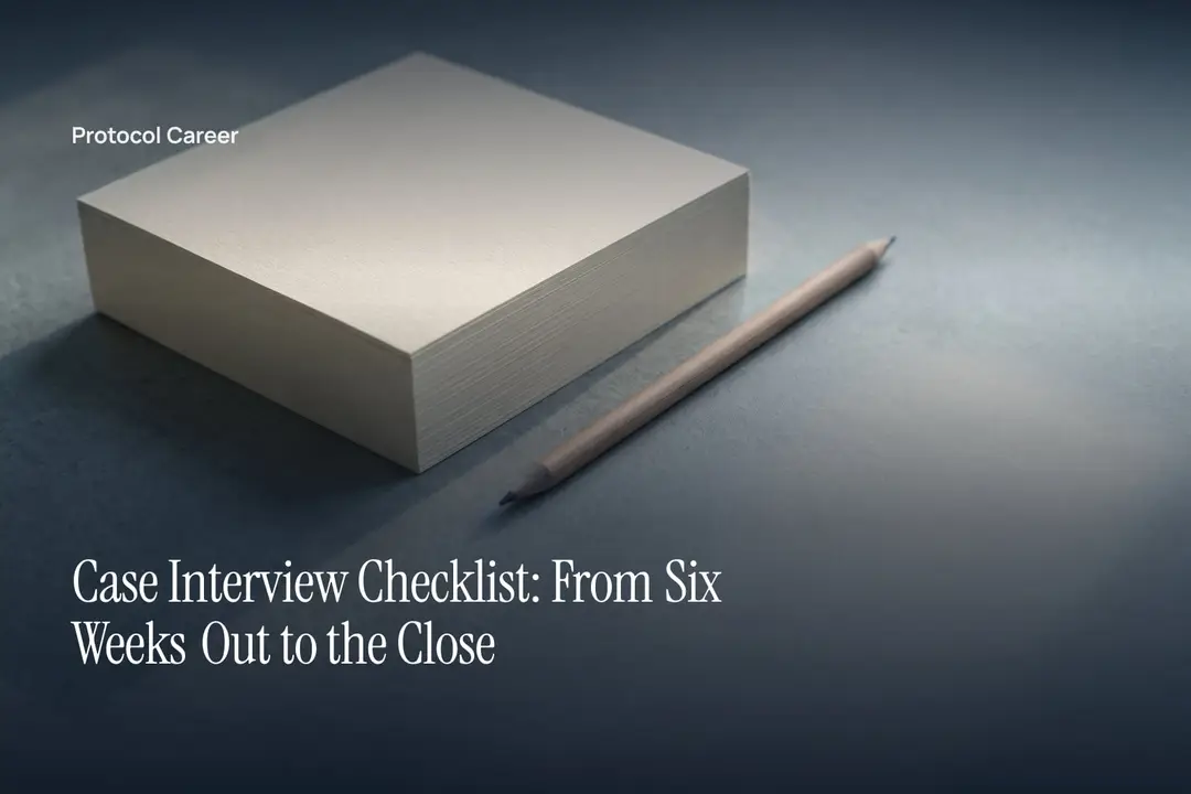A neat stack of heavy cream paper sheets and a graphite pencil on a neutral stone surface. Title: “Case Interview Checklist: From Six Weeks Out to the Close”, over the Protocol Career wordmark.
