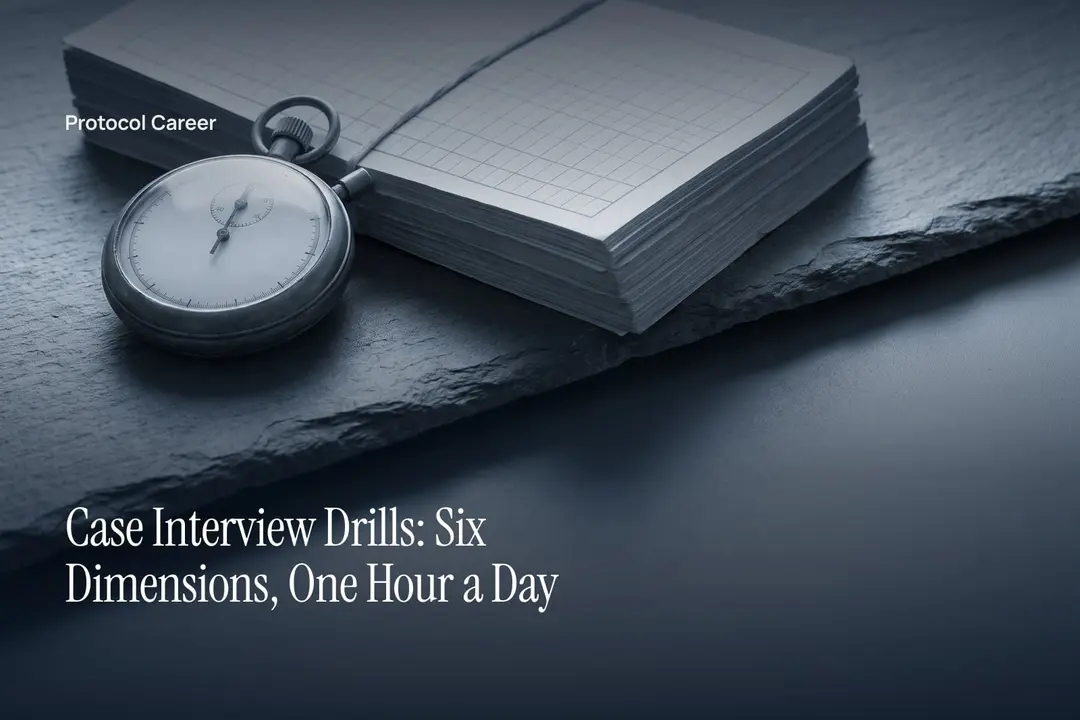 A vintage metal stopwatch rests next to blank gridded paper on a neutral, soft-lit surface. Title: “Case Interview Drills: Six Dimensions, One Hour a Day”, over the Protocol Career wordmark.