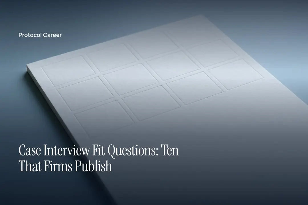 A minimalist off-white card with a debossed grid lies on a smooth neutral surface under soft light. Title: “Case Interview Fit Questions: Ten That Firms Publish”, over the Protocol Career wordmark.