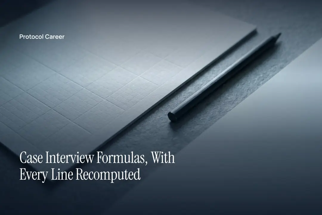 A blank grid-embossed sheet of heavy paper and a graphite pencil resting on a grey stone surface. Title: “Case Interview Formulas, With Every Line Recomputed”, over the Protocol Career wordmark.