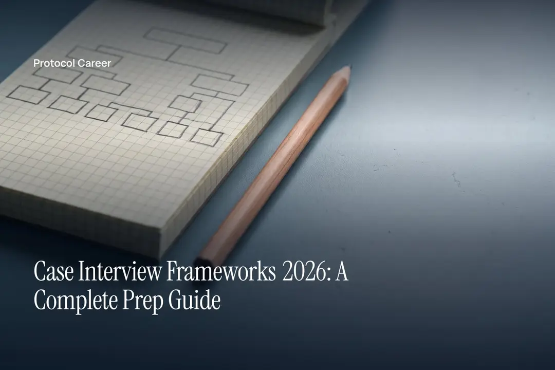 A cream gridded notepad with an unlabelled branching chart beside a wooden pencil on a grey surface. Title: “Case Interview Frameworks 2026: A Complete Prep Guide”, over the Protocol Career wordmark.
