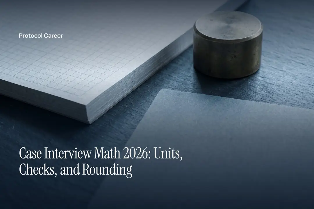 A blank gridded notepad and a brass paperweight on a slate surface lit by soft directional light. Title: “Case Interview Math 2026: Units, Checks, and Rounding”, over the Protocol Career wordmark.