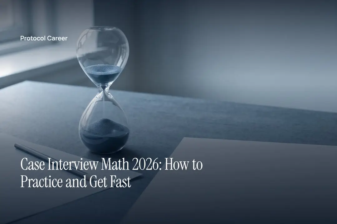 A glass hourglass with dark sand and a pencil resting on blank grid paper. Title: “Case Interview Math 2026: How to Practice and Get Fast”, over the Protocol Career wordmark.