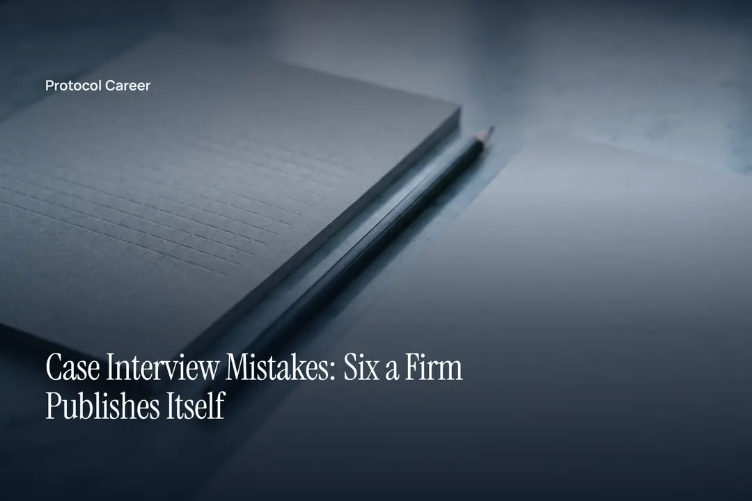 A heavy matte-grey paper sheet with a debossed blank grid resting on a smooth neutral stone surface. Title: “Case Interview Mistakes: Six a Firm Publishes Itself”, over the Protocol Career wordmark.
