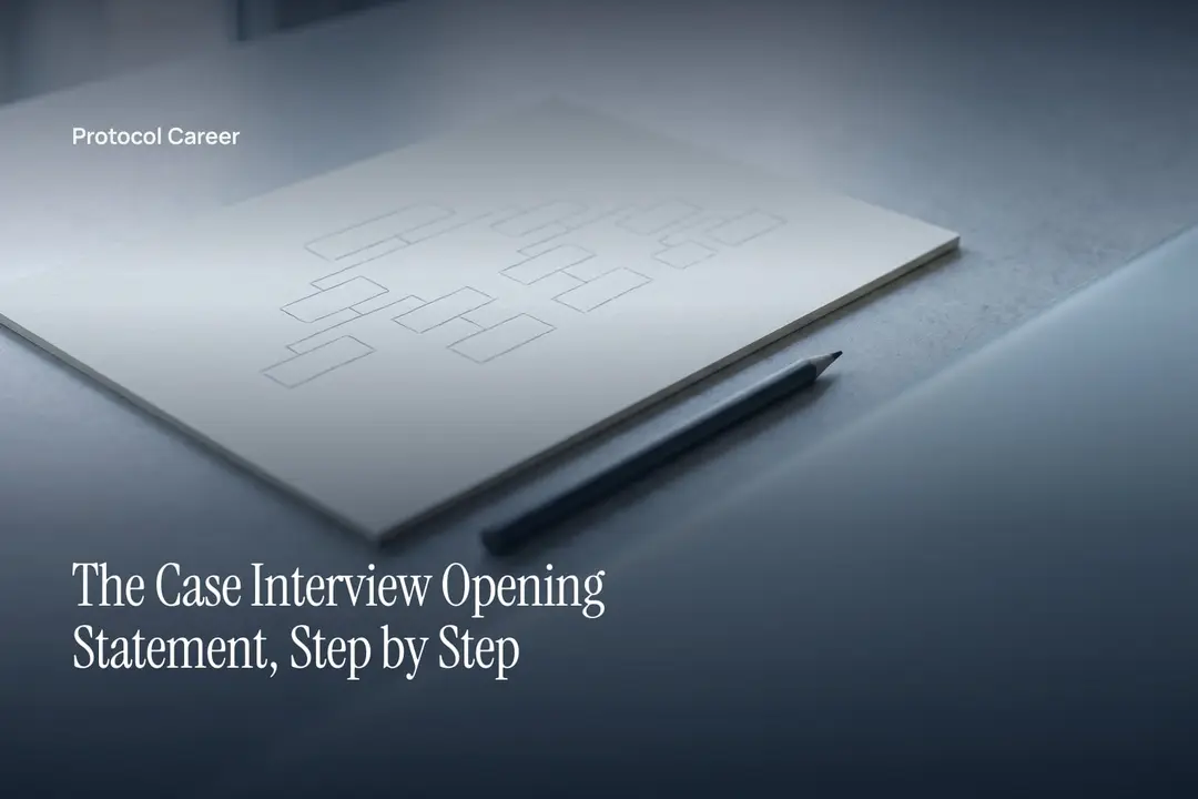 A sheet of paper showing a neat penciled branching structure of blank boxes beside a single graphite pencil. Title: “The Case Interview Opening Statement, Step by Step”, over the Protocol Career wordmark.