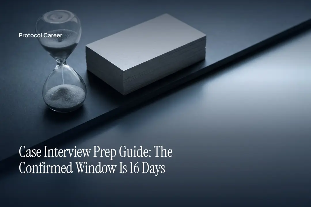 A glass sand timer rests beside a tidy stack of blank cards on a grey stone surface. Title: “Case Interview Prep Guide: The Confirmed Window Is 16 Days”, over the Protocol Career wordmark.