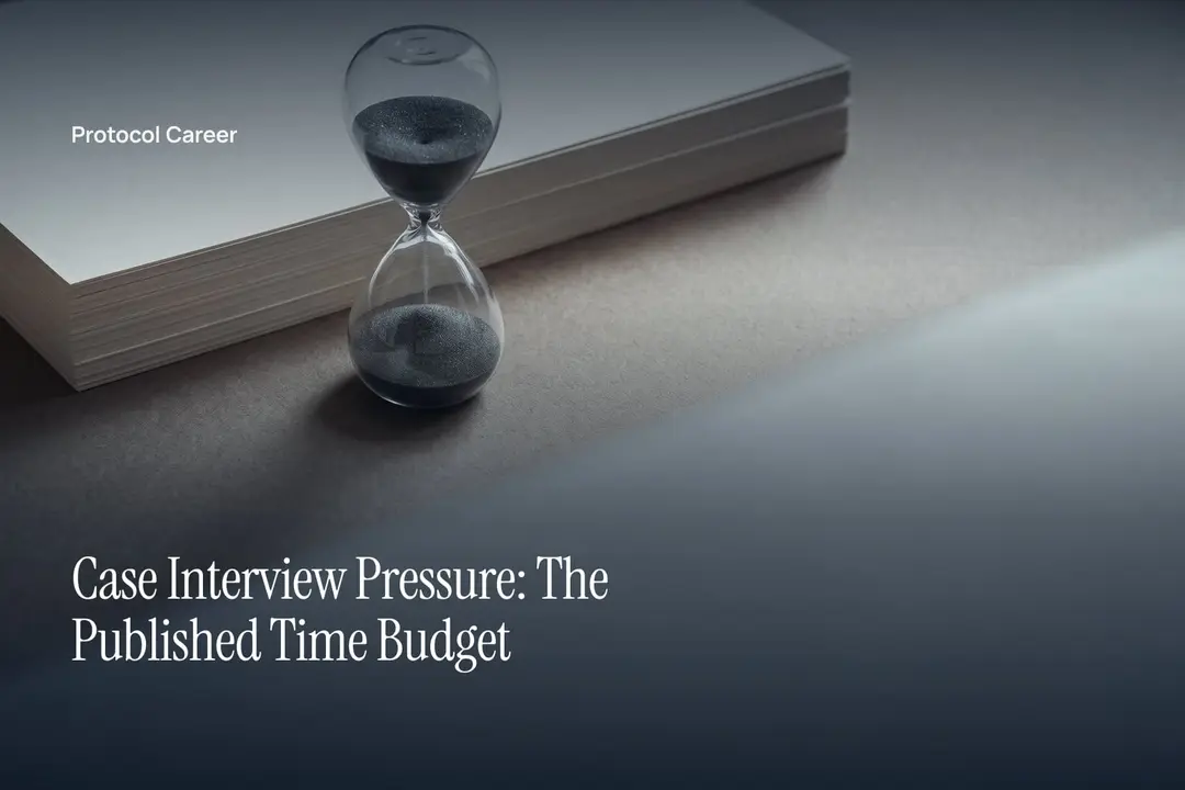 A sleek glass sand timer rests beside a plain paper stack on a smooth grey surface. Title: “Case Interview Pressure: The Published Time Budget”, over the Protocol Career wordmark.